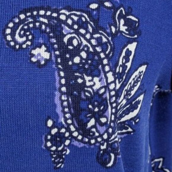 T by Talbots Dress Med Blue White Paisley Bow at Waist Midi Casual - Picture 7 of 9